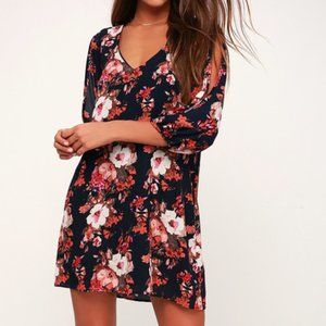 LuLus Shift Dress Navy Blue Floral Print Size S